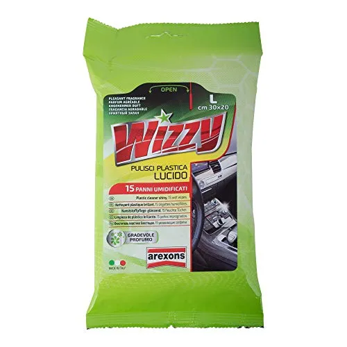AREXONS WIZZY PULISCI PLASTICA LUCIDO, 15 Salviettine umidificate per superfici interne in plastica auto, usa e getta, panni imbibiti rimuovi sporco, salviettine profumate, rinnova e lucida