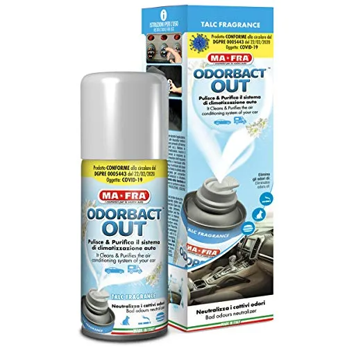 Ma-Fra, Odorbact Out Talc Fragrance, Spray Purificante per Climatizzatori Auto, Neutralizza i Cattivi Odori e Rilascia una Piacevole Fragranza al Talco, Formato 150ml
