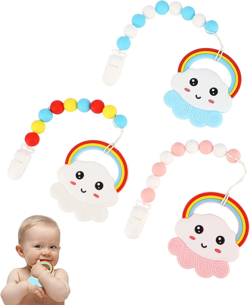 Auniq Dentizione Neonati Giocattolo, 3 Pezzi Giocattoli per La Dentizione Massaggiagengive in Silicone Senza BPA con Clip per Ciuccio per Molar Lenire i Bambini Dentizione Sollievo Gengive Doloranti