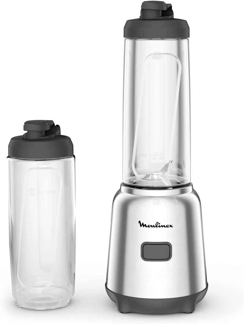 Moulinex LM15FD10 Mix&Move Mini Frullatore, 2 bottiglie, Design Compatto, Lame Rimovibili, Controllo Semplice, Argento