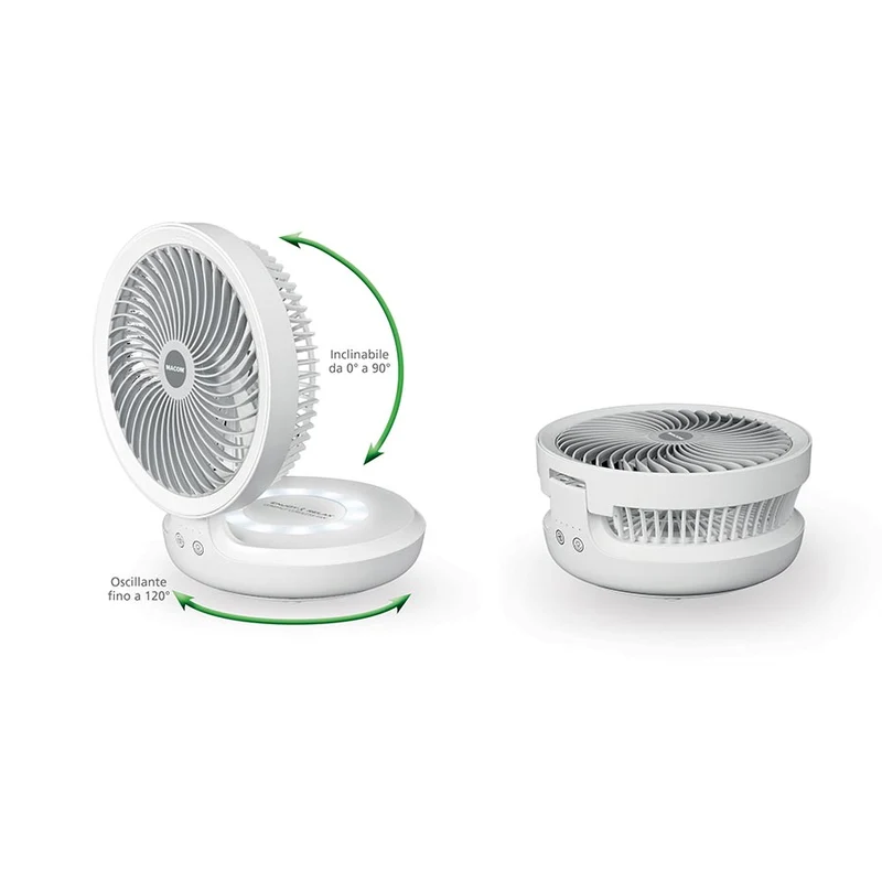 Macom Compact Cordless Fan 990 – Ventilatore da Tavolo Ricaricabile USB con Luce LED