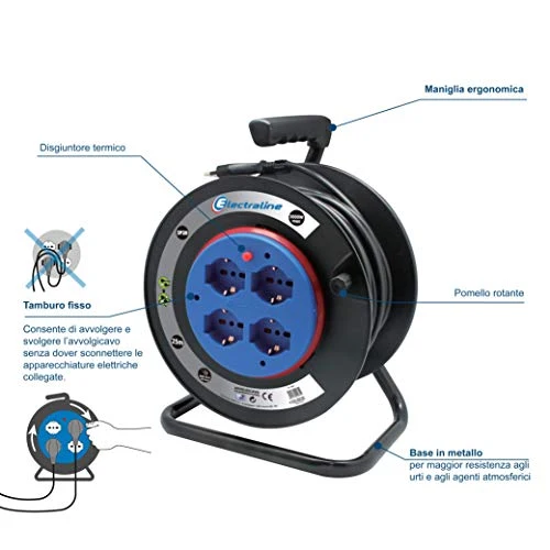 Electraline 49031 Avvolgicavo a Tamburo fisso con 25mt, Nero/Blu, 25 mt 25