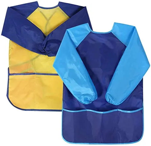 Natuce 2 Pezzi Grembiule da Pittura Bambini, Grembiulino Impermeabile Scuola Maniche Lunghe con 3 Tasche per Bambini 3-7 Anni, Grembiule da Gioco - Pittura, Cucina, Scuola, casa (Giallo + Blu)