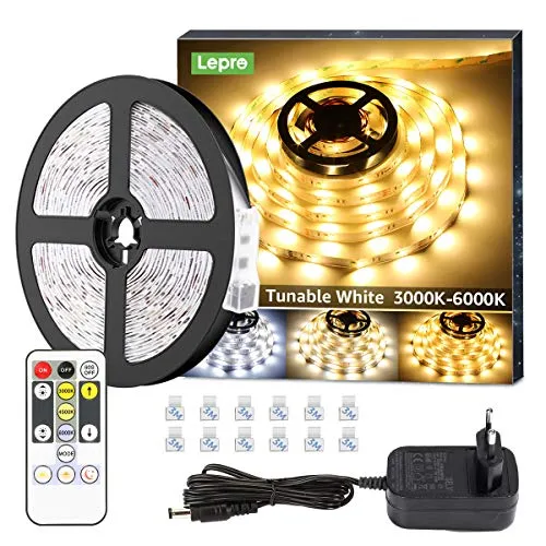 Lepro 10M Striscia LED Dimmerabile, 3000K-6000K (Bianco Caldo a Freddo) Strisce LED Autoadesive, 3 Modalità, 600 LED SMD 2835, 12V Striscia Luminosa LED Flessibile per Decorazione Interna Casa Festa