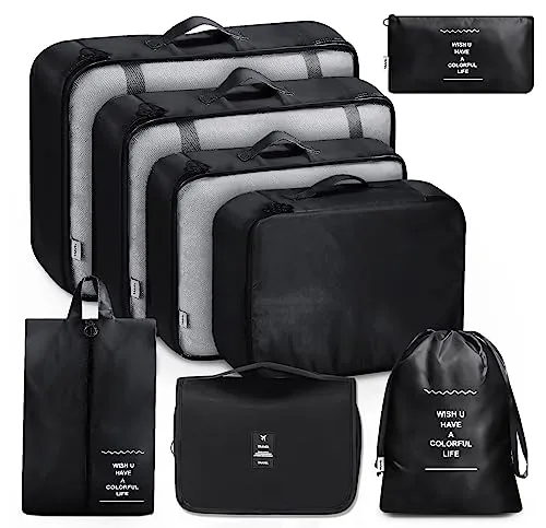 MURISE 8 Pezzi Packing Cubes, Organizer Valigia, Organizzatore per Valigia per Vacanze e Viaggi, Organizer Valigie Set, Viaggio Accessori Utili - Nero