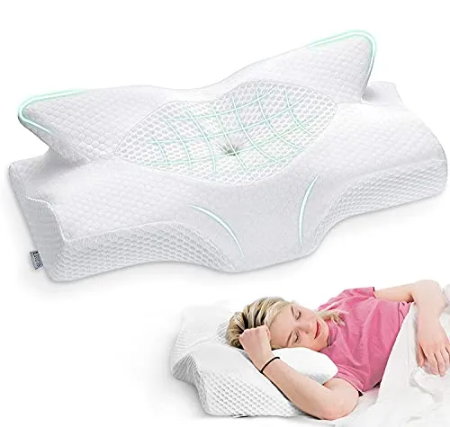 Elviros Cuscino in Memory Foam Ortopedico Cervicale per Dolore al Collo Cuscino Ergonomico per Dolore alla Spalla Cuscino di Sostegno del Collo, Bianco, 64 x 12,5/10,5 x 38 cm