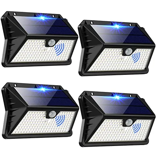 Faro LED Esterno con Pannello Solare, Luce Solare LED Esterno con Sensore di Movimento, 185 LED/3 Modos Lampada Solare da Esterno, 2200mAh IP65 Impermeabile LED Lampione per Giardino, Parete[4 Pezzi]