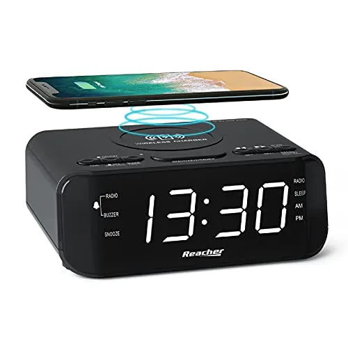 Reacher Radiosveglia digitale con Ricarica Senza fili-porta USB,Grande Display LED Regolabile,Timer per il sonno,2 suoni di Sveglia,Volume Regolabile,12/24H,Orologio FM moderno per camere da letto