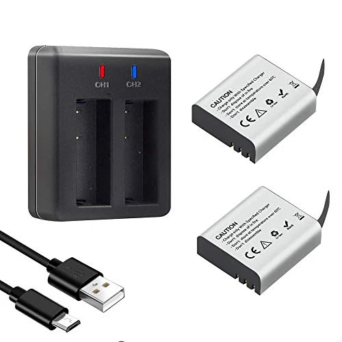 Action Camera Batteria, 3.7V 1350mAh 4.995Wh ricaricabile Batterie (2 pezzi) con doppio caricatore, compatibile con AKASO EK7000/Dragon Touch/EKEN/Crosstour/Campark/APEMAN/Victure/SJ4000/PG1050
