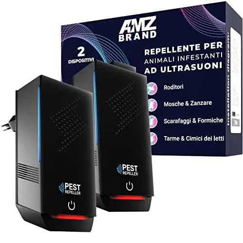 Repellente per Animali Infestanti ad Ultrasuoni - Pacco da 2, Repellente per Topi, 3 Modalità, Dispositivo Anti Parassiti Ampio Raggio, Contro Topi, Ratti, Zanzare, Scarafaggi, Falene