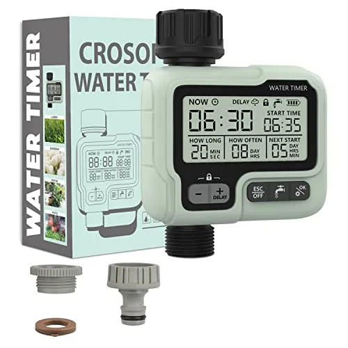 CROSOFMI Centralina Irrigazione Giardino Timer Irrigazione Automatico Programmatore Irrigazione /IPX5 Impermeabile/Ritardo Pioggia/Modalità di Irrigazione Manuale/Funzione di Blocco Bambini