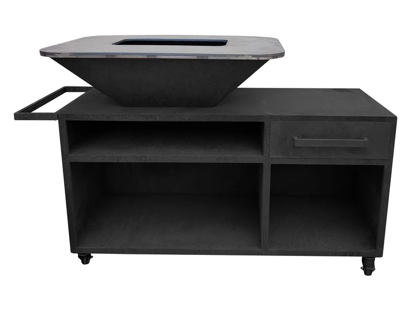 Grande barbecue con mobile in acciaio nero con piastra e griglia in acciaio