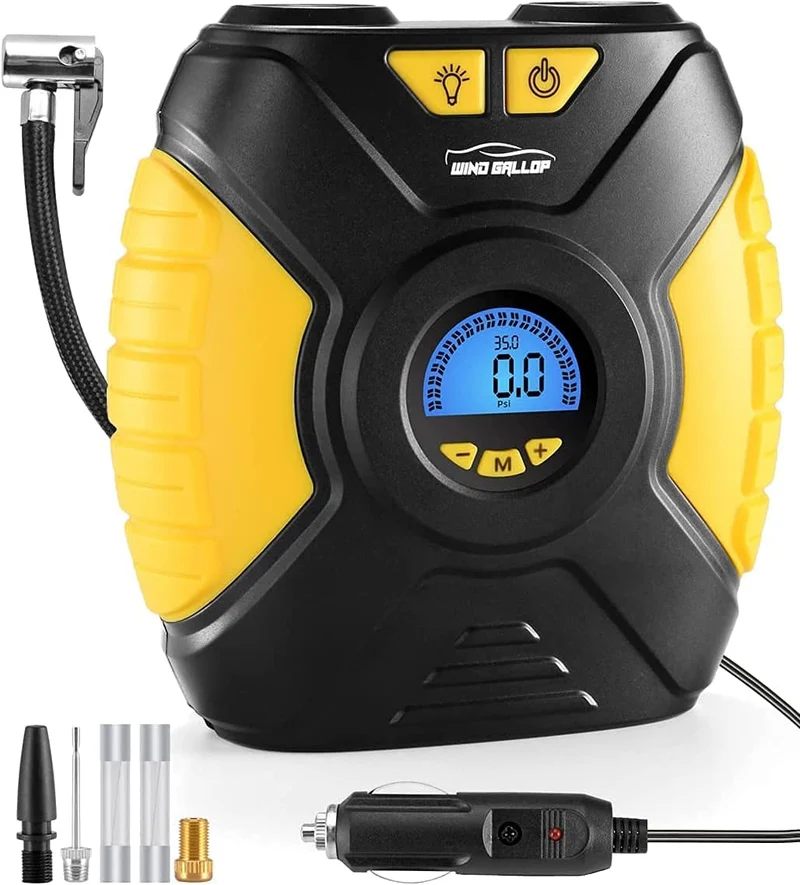 WindGallop Compressore Portatile per Auto Mini Compressore Aria Portatile 12V Compressori Portatili Pompa Gonfia Gomme Auto per Pneumatici Bicicletta con Manometro, Adattatori per Valvole e Luce LED