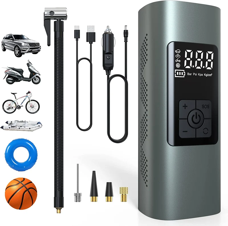 Wistrue 6000mAh Mini Compressore Aria Portatile Auto, 150PSI Gonfiatore Bici Elettrico con Batteria Ricaricabile, Schermo LCD Digitale, Pompa Elettrica per Bicicletta, Auto, Moto, Monopattino, Grigio