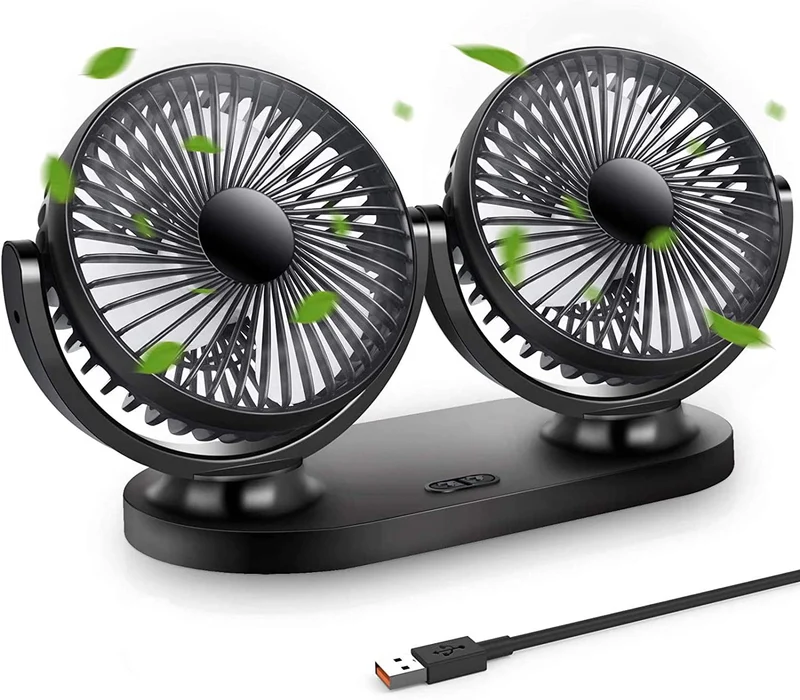 STLOVE USB Mini Ventilatori 12 Volt Doppia Testa Ventola di Raffreddamento avec Accendisigari Auto, Due velocità Regolabile e Rotazione Manuale a 360 Gradi per Casa Ufficio Campeggio di Furgoni