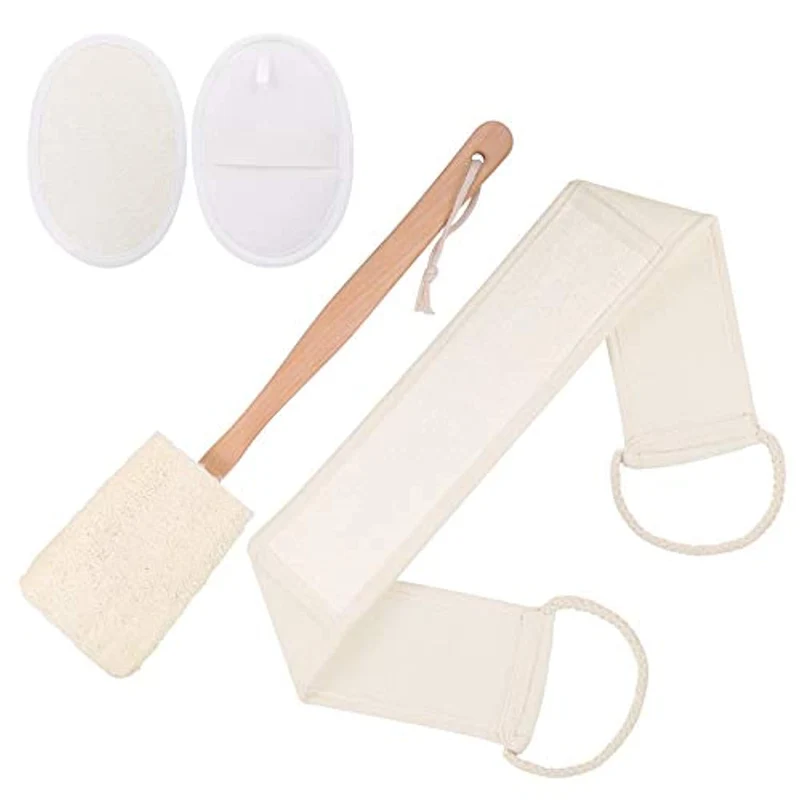 4 Tipi Spugna di Luffa per Esfoliare il Corpo con 2 Pezzi Luffa Pad,1 Pezzo di Lunga Cintura Esfoliante per La Schiena e 1 Pezzo Esfoliante per La Schiena con Manico Lungo in Legno