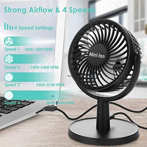 Mini Ventilatore USB da Tavolo a 4 Velocità Portatile Silenzioso, Rotazione...