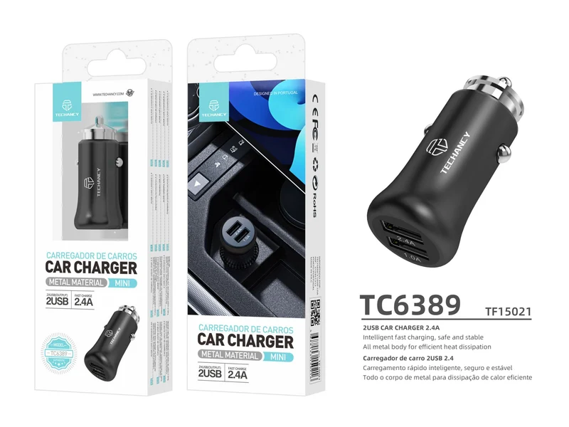 Caricabatteria da Auto Senza Cavo 2.4A 2Usb Nero