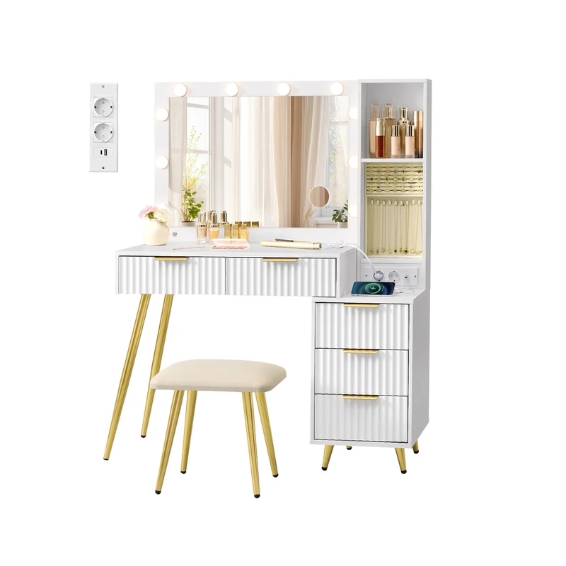 Tavolo da trucco con sgabello e specchio illuminato