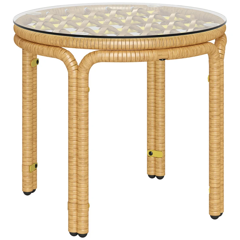EasyComfort Tavolino da Giardino in Rattan e Vetro Rotondo in Stile Boho Chic, Ø50x44 cm, Giallo