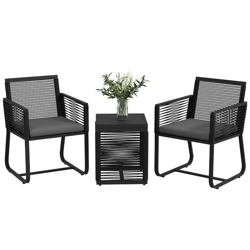 EasyComfort Set da Giardino in Rattan con 2 Poltroncine con Cuscini e Tavolino da Caffè in Vetro, Nero
