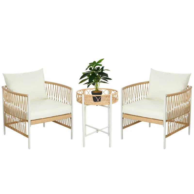EasyComfort Set da Giardino Stile Boho in Rattan con 2 Sedie con Cuscini e Tavolino Rotondo, Giallo