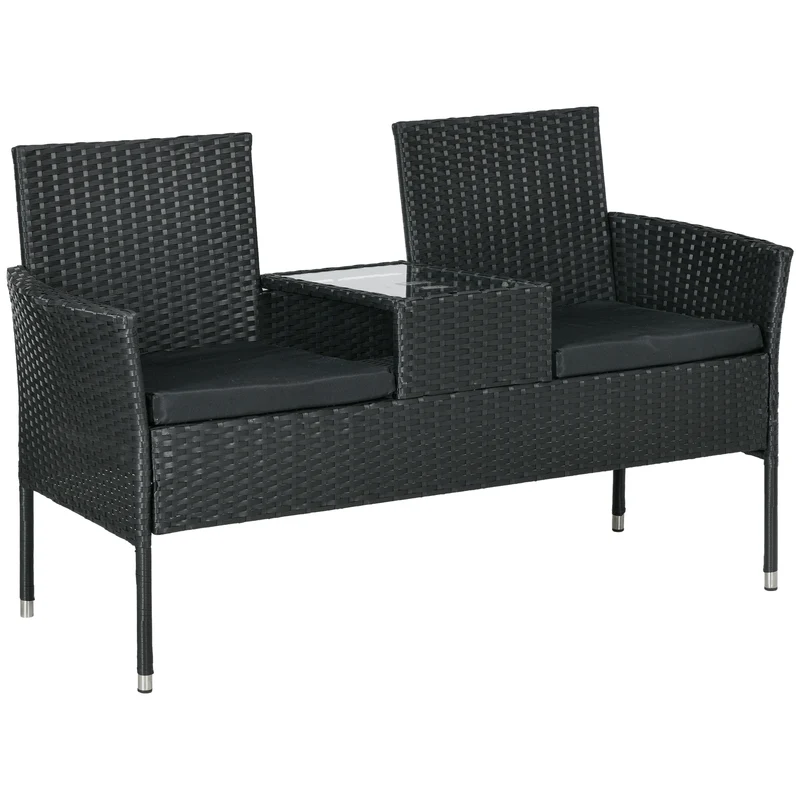 EasyComfort Divanetto per Esterni 2 Posti con Tavolino da Caffè, in Acciaio e Rattan PE, 137x59x82 cm, Nero
