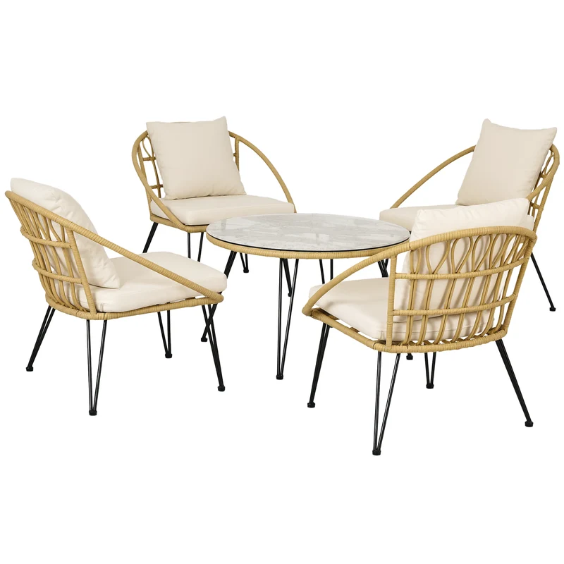EasyComfort Set da Giardino 5 Pezzi in Rattan con Tavolo Rotondo Ø82x50 cm e 4 Sedie 72x72x75 cm con Cuscini