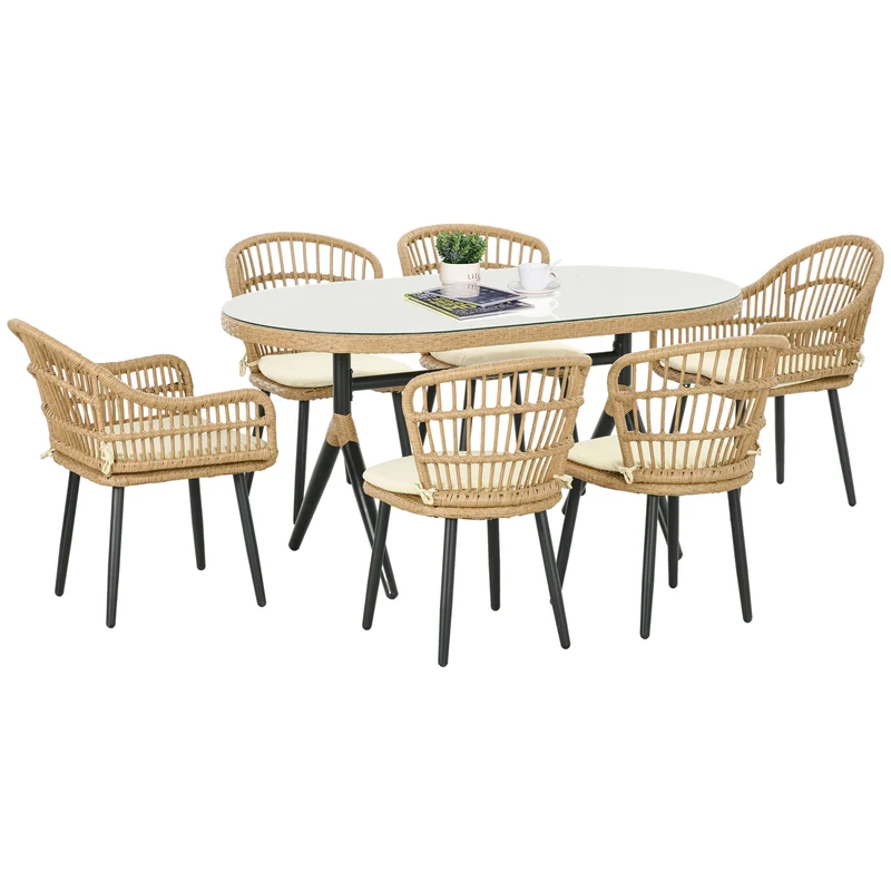 EasyComfort Set da Giardino 7 Pezzi in Rattan PE con Tavolo da Pranzo 153x89x74 cm e 6 Sedie 52x62x78 cm con Cuscini