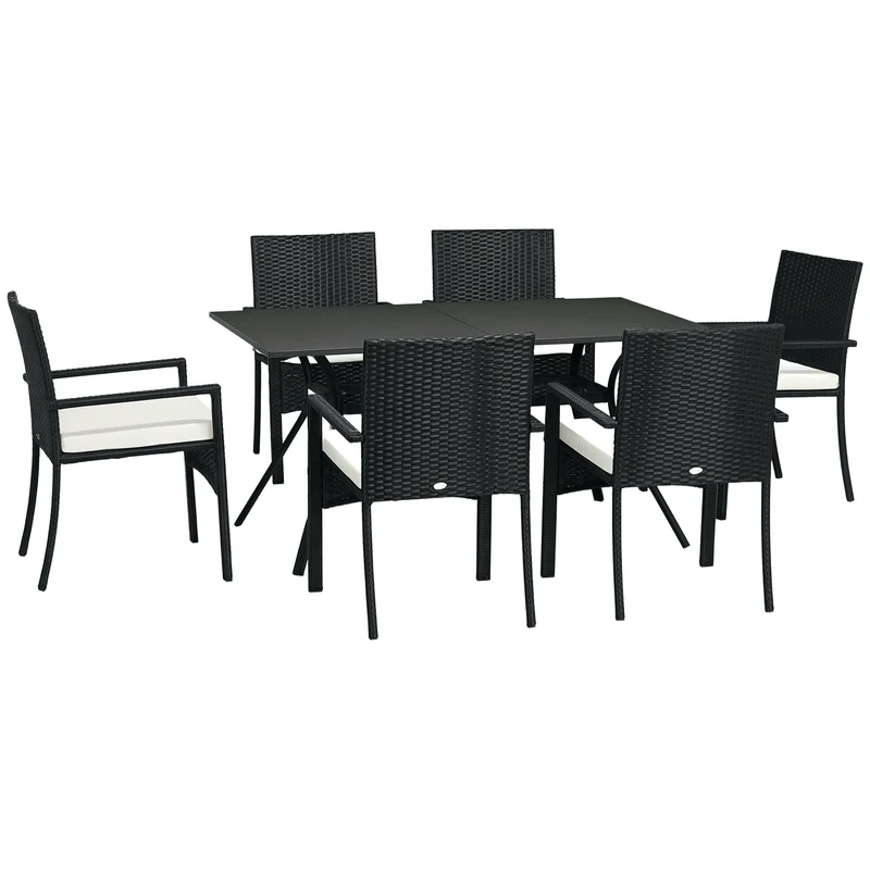 EasyComfort Set da Giardino 7 Pezzi in Rattan PE con Tavolo da Pranzo 150x90x72 cm e 6 Sedie 58x62x87 cm con Cuscini