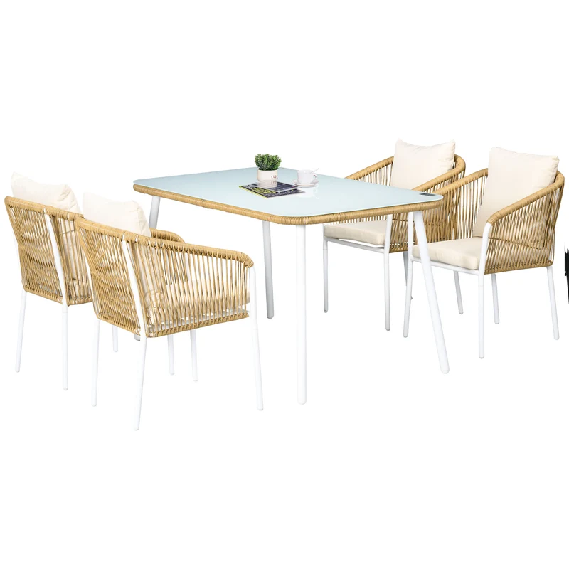 EasyComfort Set da Giardino in Rattan PE e Alluminio con Tavolo in Vetro e 4 Sedie Impilabili, Giallo