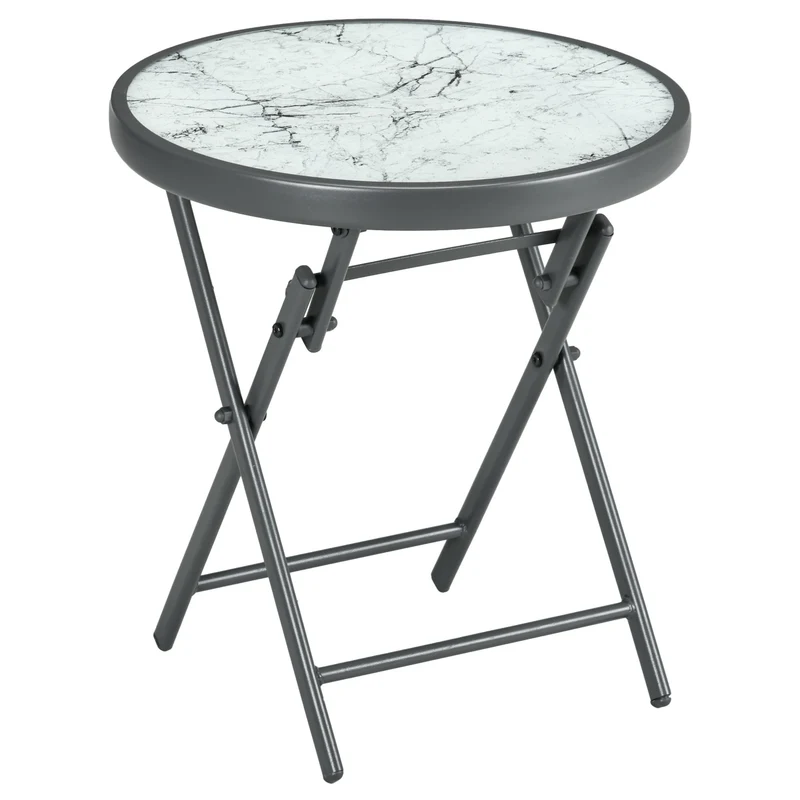 EasyComfort Tavolino da Caffè per Giardino Pieghevole con Piano in Vetro Effetto Marmo, Ø45x50cm, Grigio