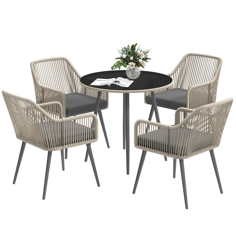 EasyComfort Set da Giardino 5 Pezzi in Rattan e Acciaio con 4 Sedie da Esterno e Tavolo Rotondo con Foro, Marrone e Grigio