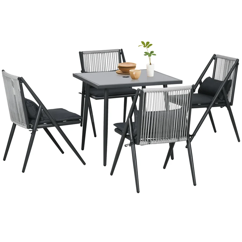 EasyComfort Set da Giardino con 4 Sedie con Cuscini e Tavolo da Pranzo Quadrato in Vetro, Grigio Scuro