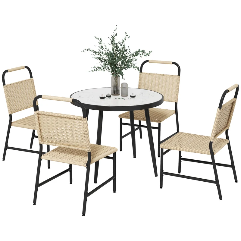 EasyComfort Set da Giardino con Tavolo in Vetro Effetto Marmo e 4 Sedie in Rattan, Colore Cachi