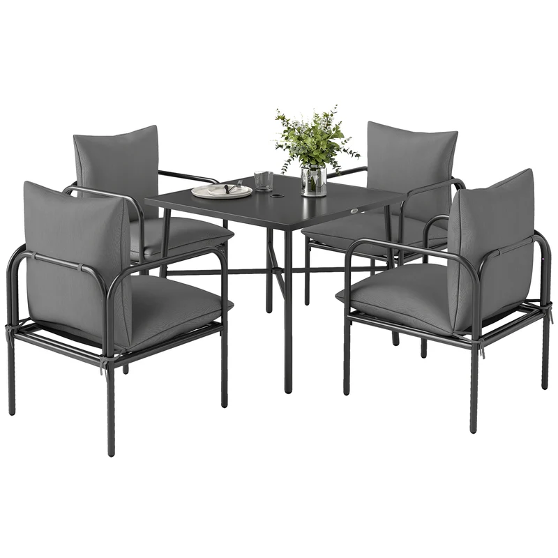 EasyComfort Set da Giardino 5 Pezzi in Acciaio con 4 Sedie 58x58x66 cm e Tavolo 80x80x71 cm con Foro Centrale, Grigio