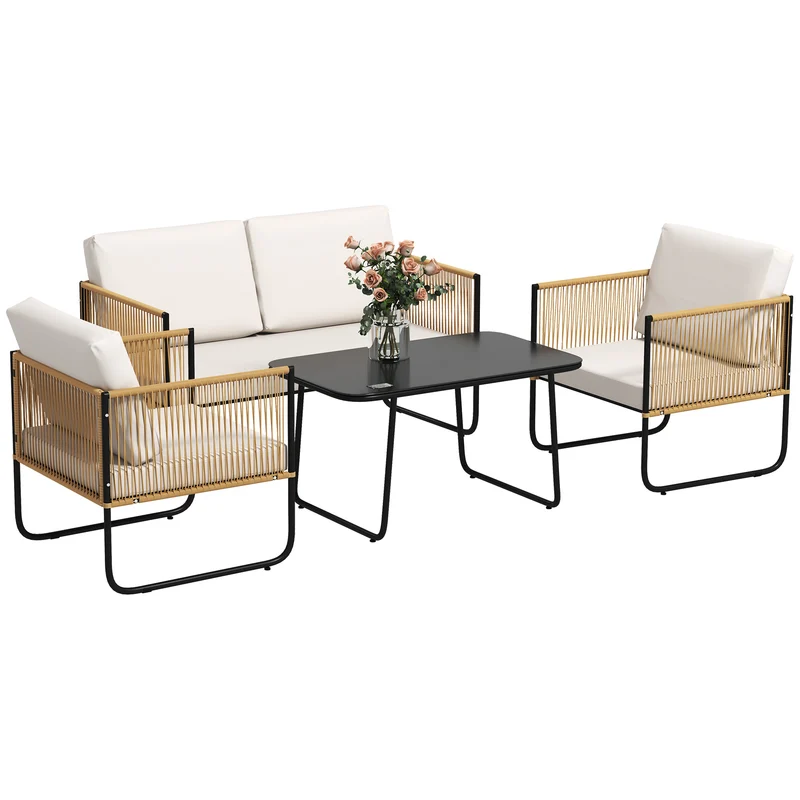 EasyComfort Set da Giardino 4 Pezzi in Rattan e Acciaio con Divanetto, 2 Poltrone da Esterno e Tavolino Basso, Multicolore