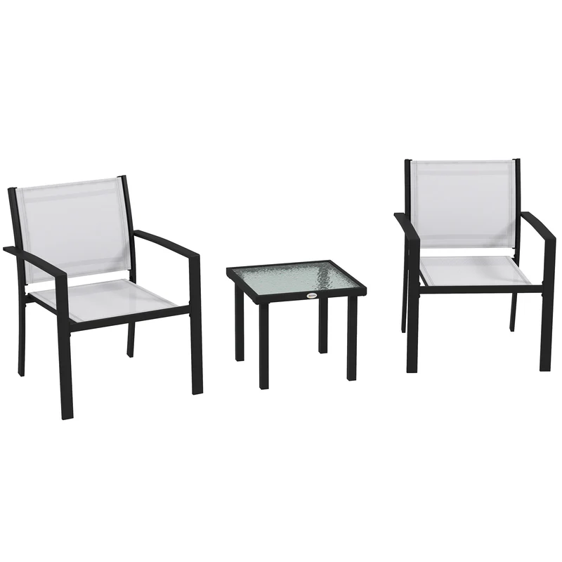 EasyComfort Set da Giardino con Tavolino in Vetro e 2 Sedie Impilabili in Tessuto a Rete, Grigio Chiaro