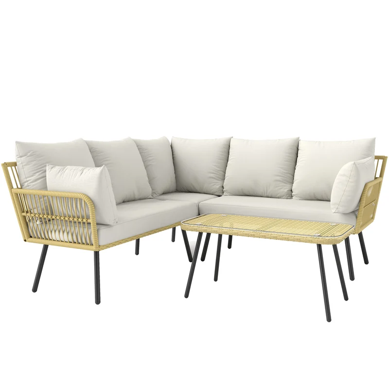 EasyComfort Set da Giardino 4 Pezzi in Rattan PE con Tavolino da Esterni 90x45x42 cm e 2 Divanetti per Esterni 6ex63x74 cm, Bianco Crema