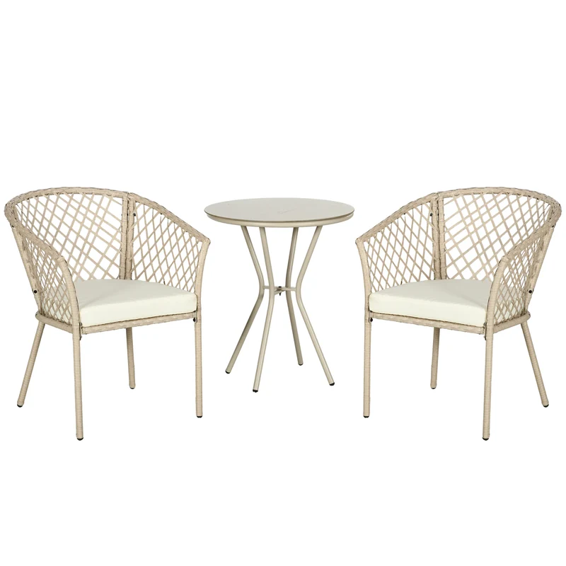 EasyComfort Set da Giardino in Rattan con 2 Poltroncine con Cuscini e Tavolino da Caffè in Vetro, Khaki