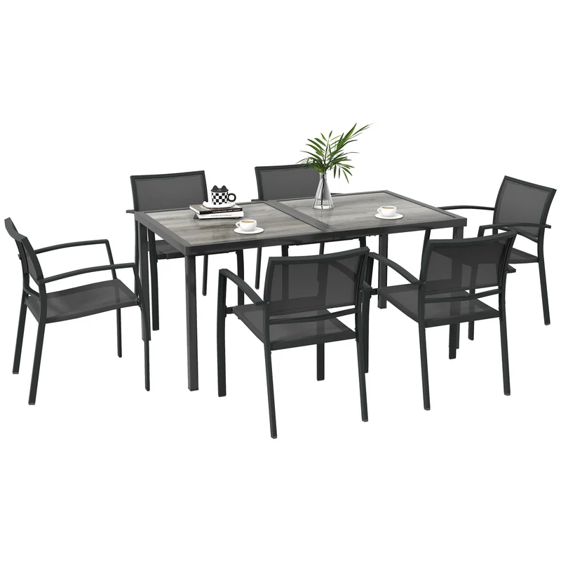 EasyComfort Set da Giardino con 6 Sedie Impilabili in Tessuto a Rete e Tavolo Effetto Legno, Grigio