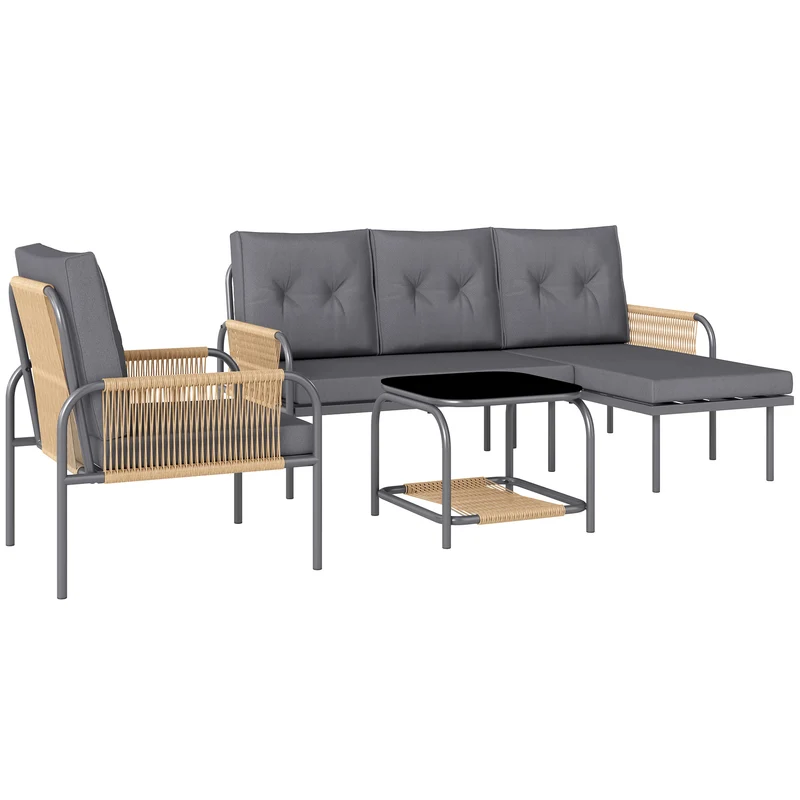 EasyComfort Salotto da Giardino 4 Pezzi in Rattan con Divano, Chaise Longue, Poltrona e Tavolino con Cuscini, Grigio
