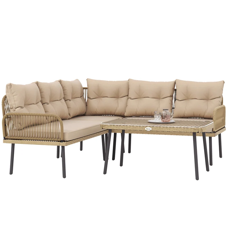 EasyComfort Salotto da Giardino in Rattan 2 Divanetti e Poltrona Angolare con Cuscini, Tavolino in Vetro, Colore Legno