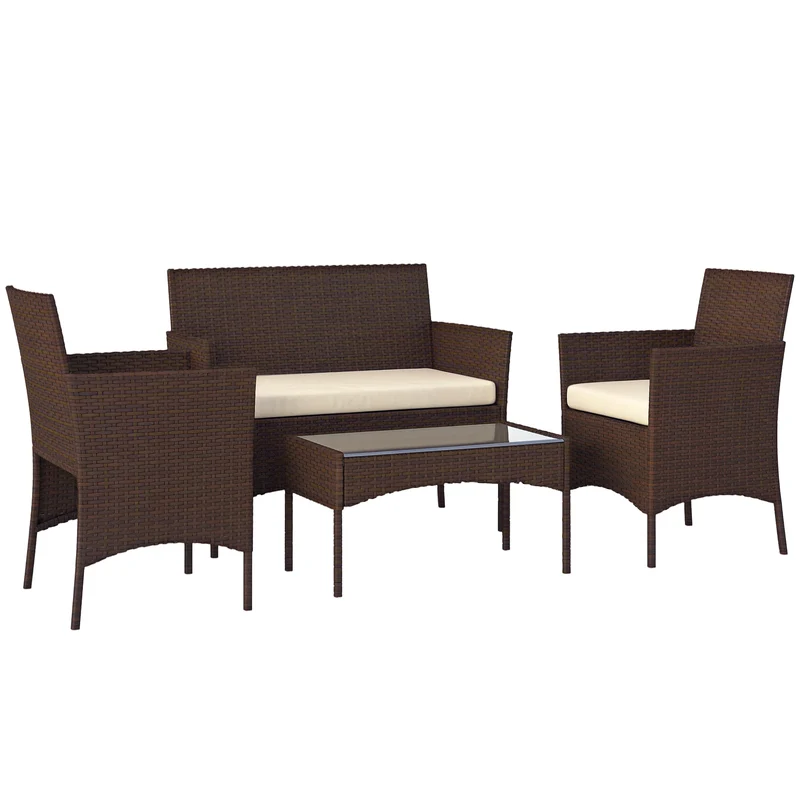EasyComfort Set da Giardino 4 Pezzi con Divano 2 Posti, 2 Sedie e Tavolino Basso, in Rattan e Acciaio, Beige e Marrone