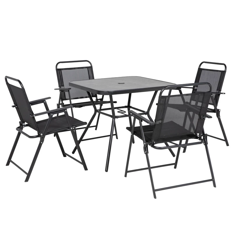 EasyComfort Set da Giardino con 4 Sedie Pieghevoli con Braccioli e Tavolo con Foro per Ombrellone, Nero