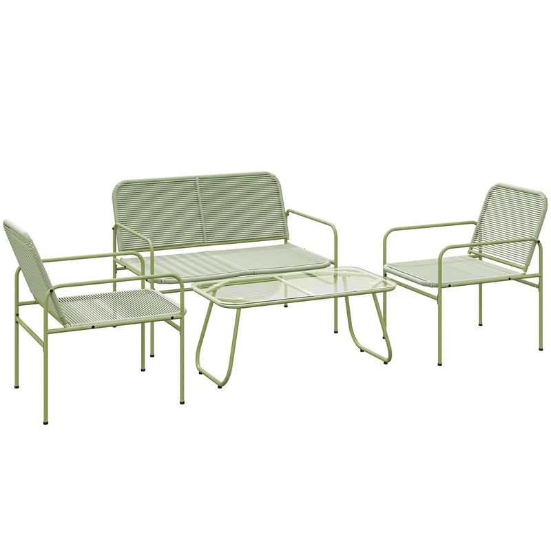 EasyComfort Salotto da Esterno in Rattan PE con Divanetto, 2 Poltroncine e Tavolino con Piano in Vetro, Verde