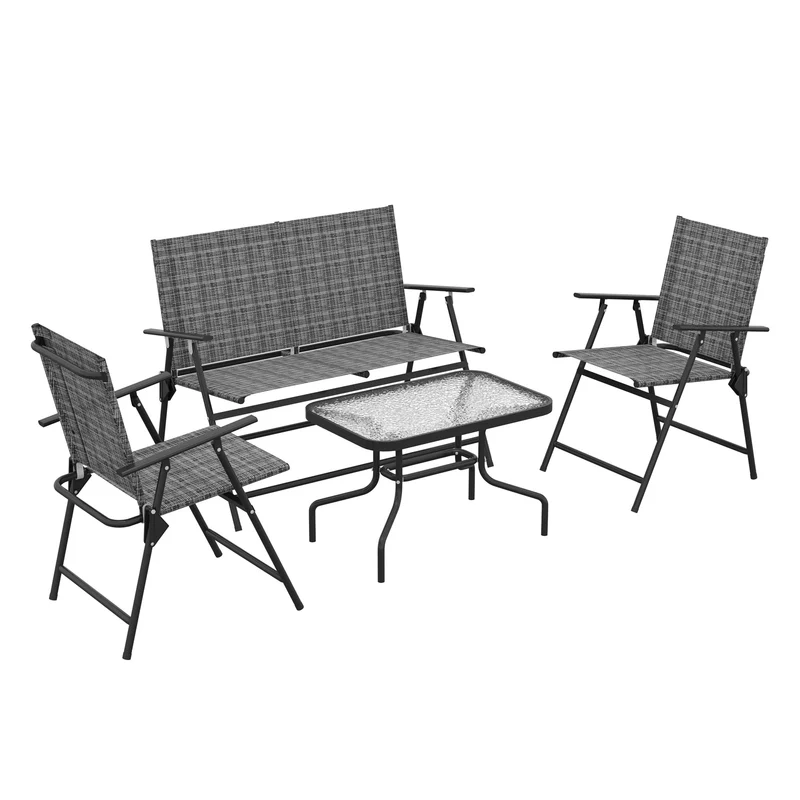 EasyComfort Set Salotto da Giardino con Tavolino in Vetro, 2 Poltrone e Divanetto Pieghevoli, Grigio