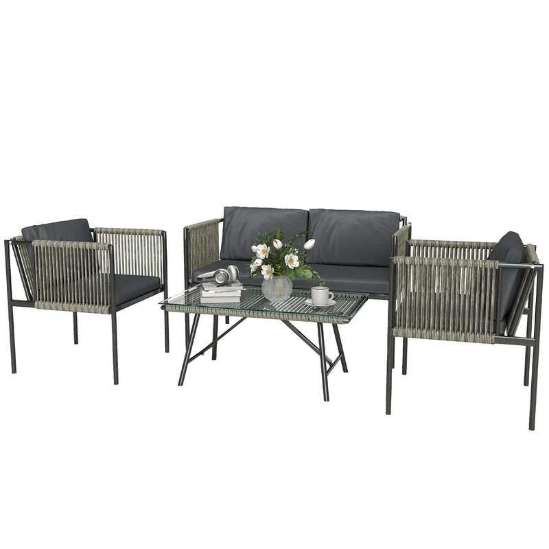 EasyComfort Set Salotto da Giardino in Rattan con 2 Poltrone, Divanetto 2 Posti e Tavolino da Caffè in Vetro, Grigio