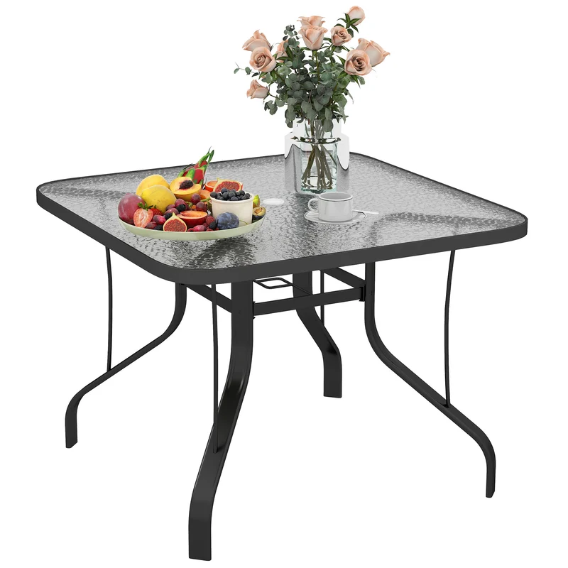 EasyComfort Tavolo da Giardino Quadrato a 4 Posti con Piano in Vetro e Foro per Ombrellone Ø54 mm, Nero