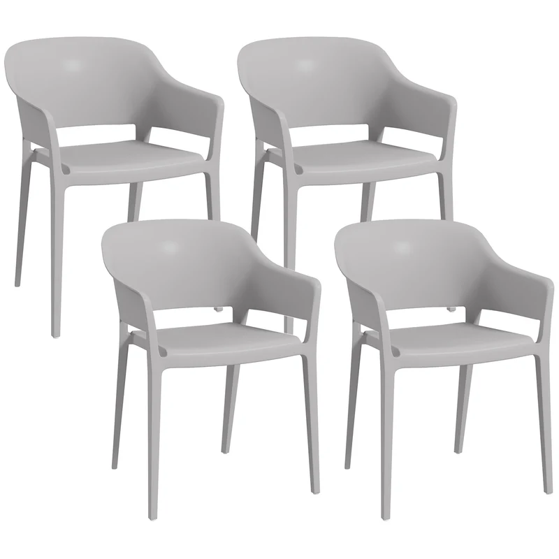 EasyComfort Set 4 Sedie da Giardino in Plastica Impilabili con Braccioli e Schienale Alto in PP, Grigio